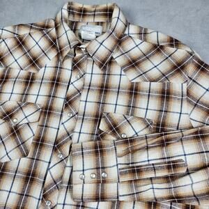 Wrangler Wrancher Shirt Flannel Mens XL Pearl Snap Long Sleeve Brown Plaid